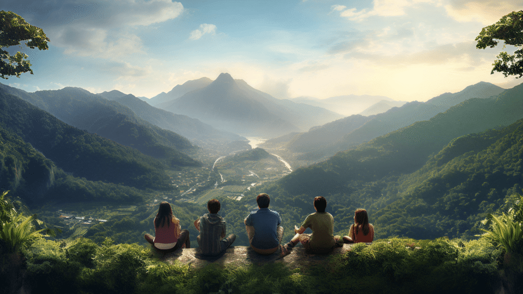 A visual of a family taking a break from hiking and enjoying the view between mountains and greenery